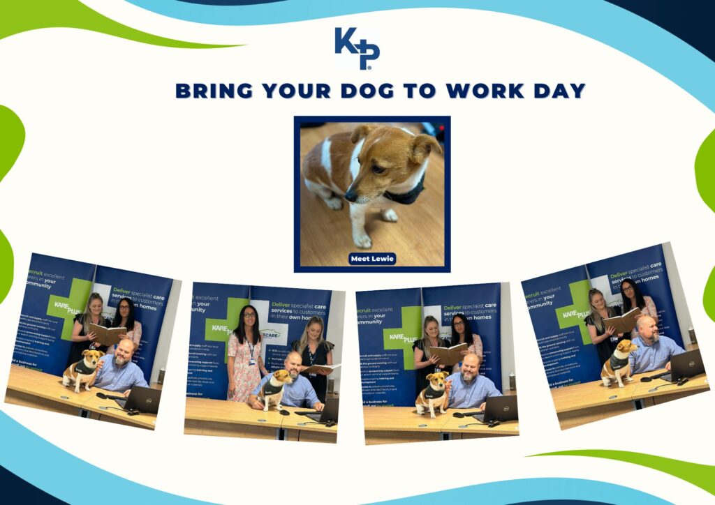 A colleage of images showing the Kare Plus HQ team with office dog Lewie on Bring Your Dog To Work Day 2023