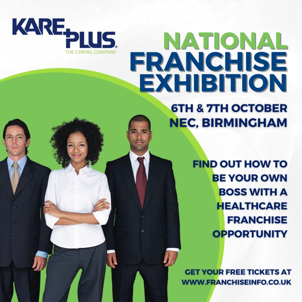 image showing three entrepreneurs and details of Kare Plus attending the National Franchise Exhibition at the NEC in Birmingham