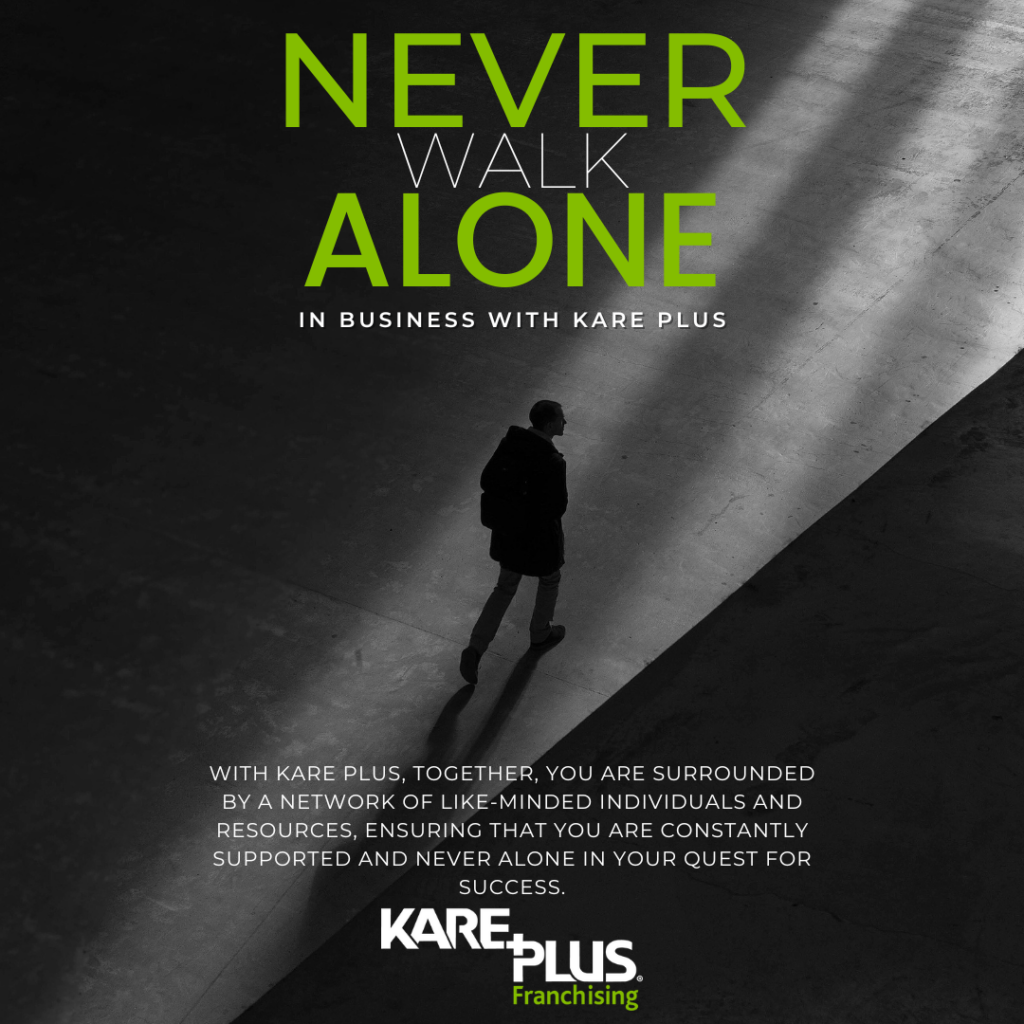 A black and white image of a man walking alone with a text overlay in green and white reminding potential business owners they will not walk alone with a Kare Plus franchise.