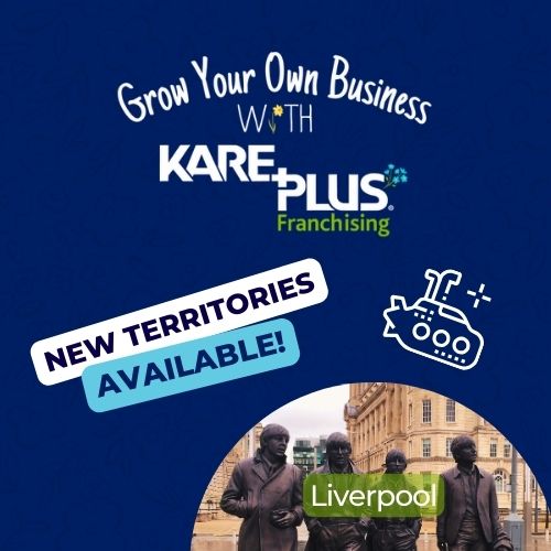 Blue and white image with a picture of Liverpool and a white submarine graphic promoting a new care franchise oportunit in Liverpool and the Wirral.