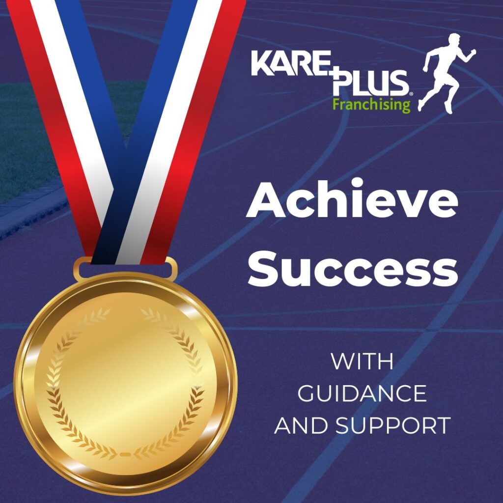 An image of a gold medal against a blue background promoting how to achieve success with a healthcare franchise and the guidance and support Kare Plus Franchising can provide.