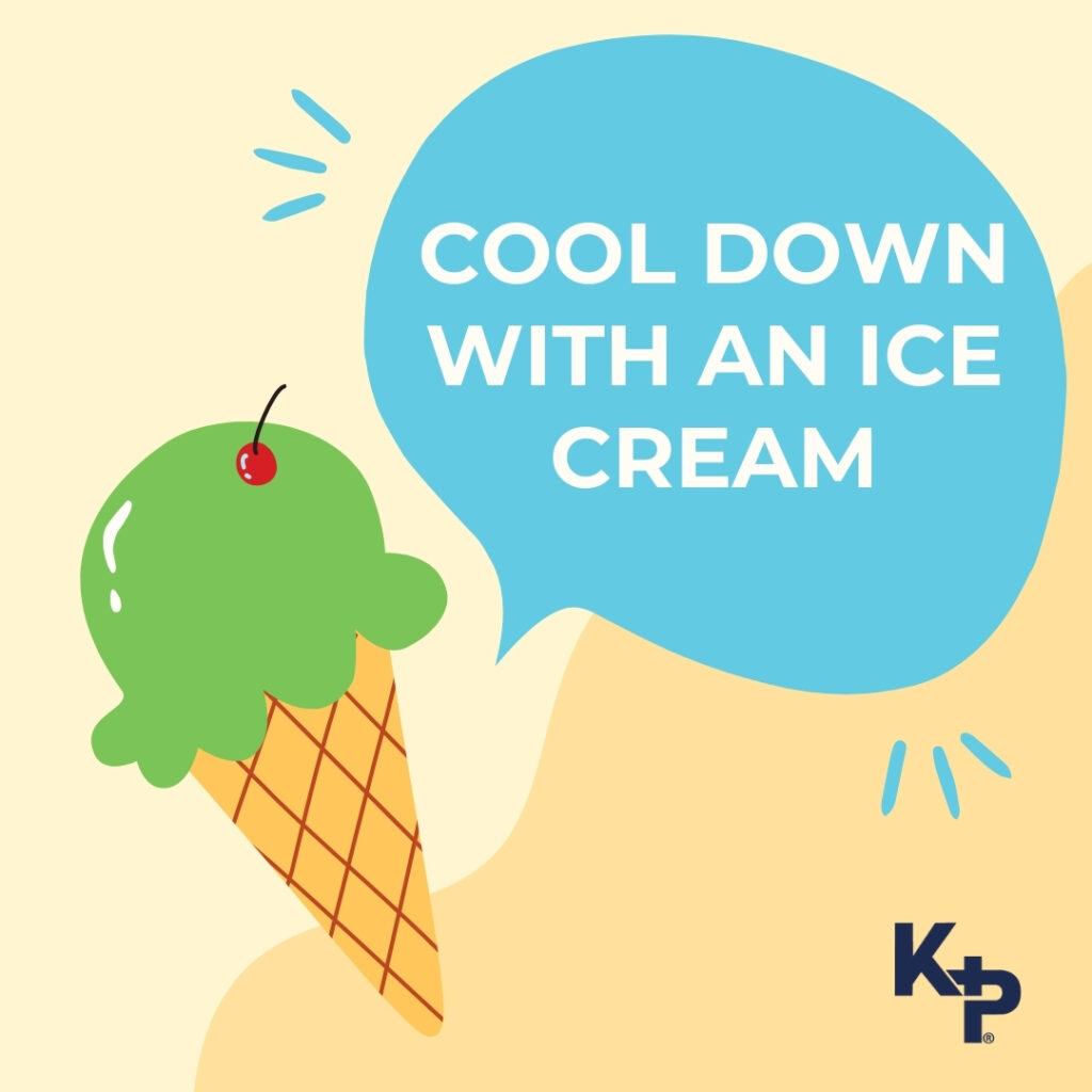 An image of an ice cream cone with green ice cream on a pale background, alongside the advice cool down with an ice cream on a blue background.