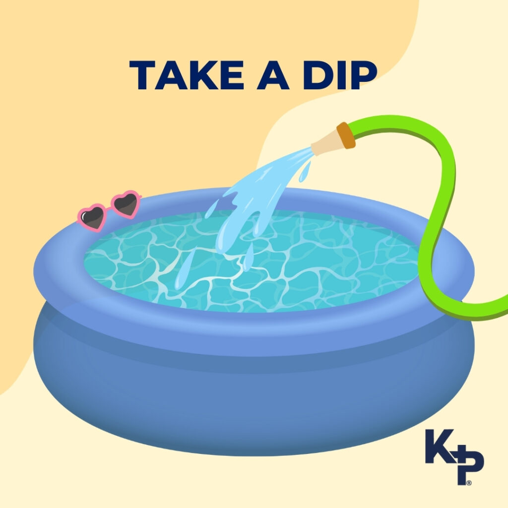 A blue paddling pool and green hose filling it with water, with pink heart shaped sunglasses on the side against a pale yellow background and the advise to take a dip to cool off.