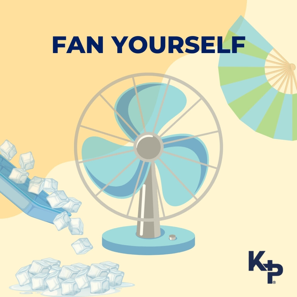 An image of a desk fan, hand fan and ice cubes in pale yellow and light blue shades with the text 'fan yourself'.